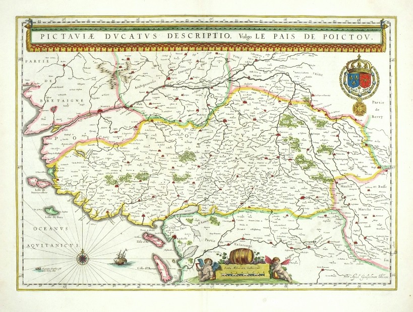 Poitou, Francie - Pictaviae Ducatus Descriptio, mapa, mědirytina, Blaeu, 1634