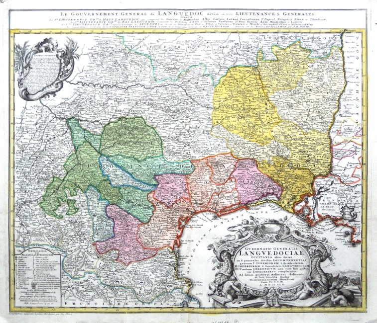 Languedoc - Gubernatio Generalis Languedociae, copperplate map, Homann, 1742 - Old maps for sale