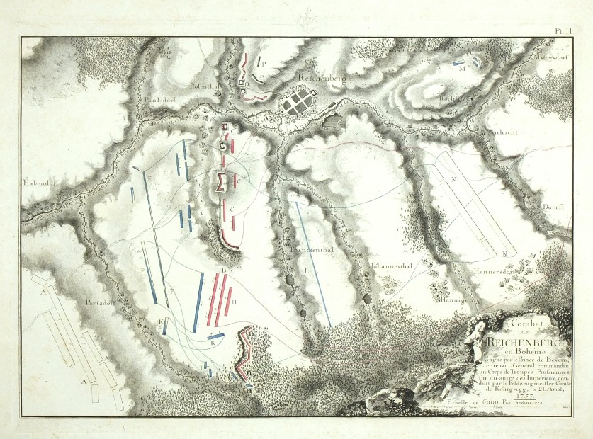 Liberec, Bitva u Liberce, 1757, Sedmiletá válka - Combat de Reichenberg, mědirytina, 1770