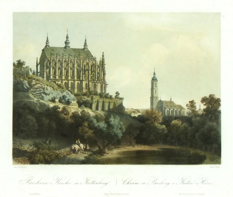 Kutná Hora, Chrám sv. Barbory - Barbara Kirche in Kuttenberg, litografie, Haun, 1860