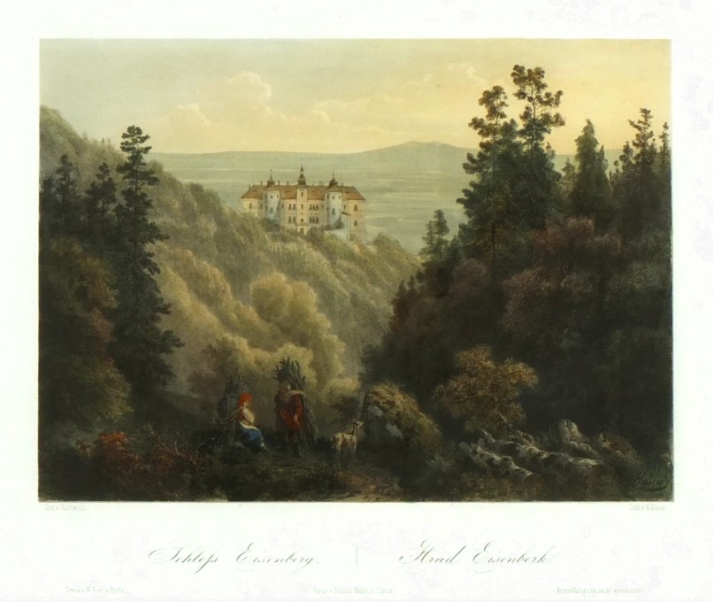 Jezeří - Schloss Eisenberg. Hrad Eisenberk, litografie, August Haun, 1860
