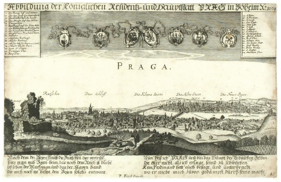 Praga - Praha, mědirytina, lept, Václav Hollar, Paul Fürst, 1668