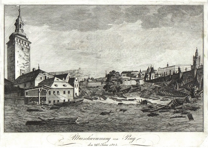 Praha - povodeň 1824 - Überschwemmung von Prag, mědirytina, Rainold, 1825