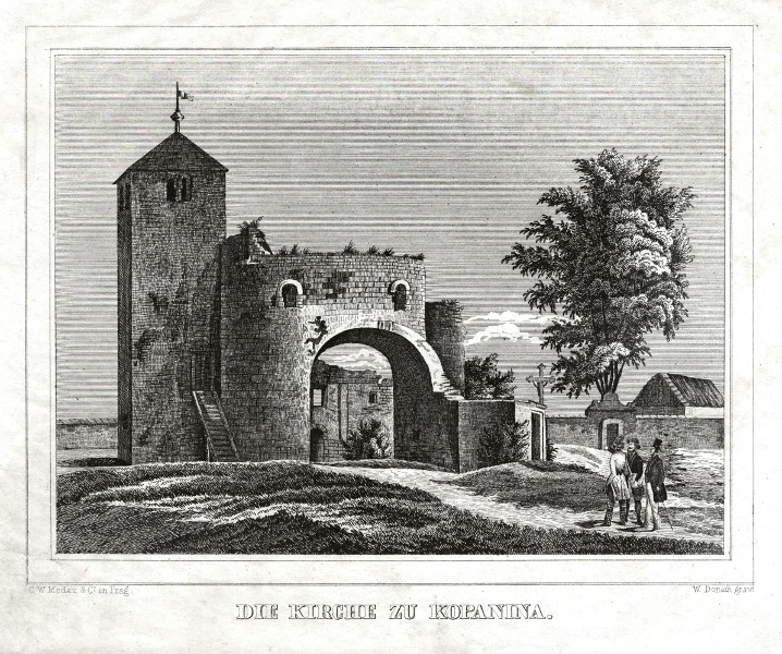 Praha, Přední Kopanina, Rotunda - Die Kirche zu Kopanina, kamenorytina, Medau, 1840