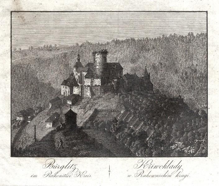 Křivoklát - Bürglitz. Křiwoklady, mědirytina, Rainold, Hyllos, 1820