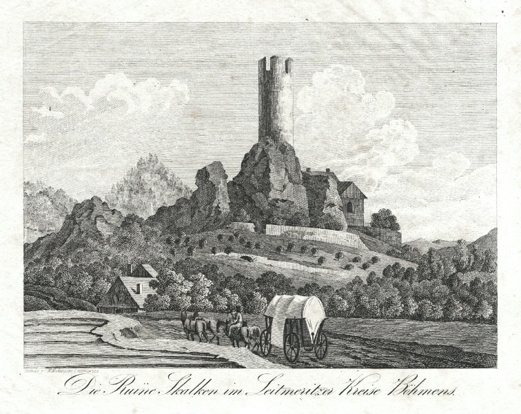 Skalka, Vlastislav, Lovosice - Die Ruine Skalka, kamenorytina, Medau, 1825