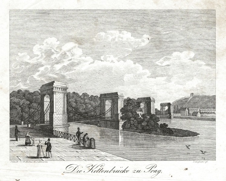 Praha - Most císaře Františka I. - Řetězový most - Die Kettenbrücke zu Prag, kamenorytina, Medau, 1825
