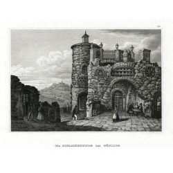 Teplice, Škvárovník - Die Schlackenburg bei Töplitz, ocelorytina, Meyer, 1840