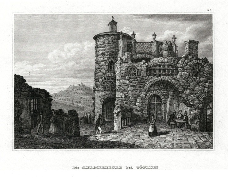 Teplice, Škvárovník - Die Schlackenburg bei Töplitz, ocelorytina, Meyer, 1840 - Staré mapy na prodej