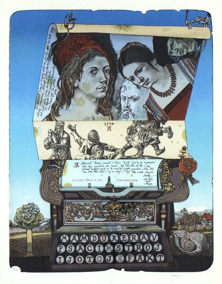 Josef Liesler, Mám Dürera v psacím stroji, barevná litografie, 1981
