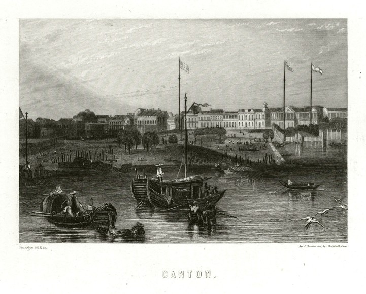 Kanton, Guangzhou, Čína - Canton, ocelorytina, 1850