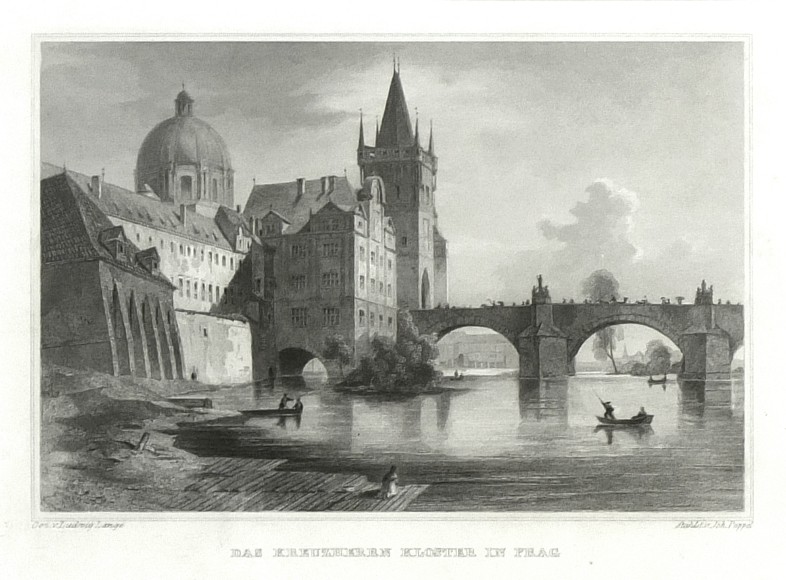 Praha, Karlův most, Křížovnické náměstí - Das Kreuzherrn Klostetr in Prag, ocelorytina, Lange, Poppel, 1840