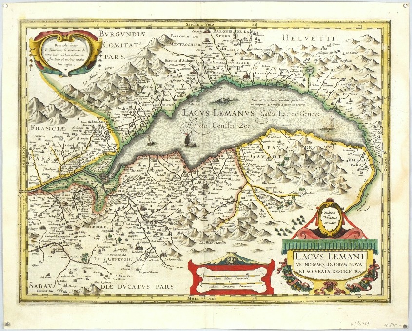 Ženevské jezero - Lacus Lemani, mědirytina, mapa, Mercator, Hondius, 1630