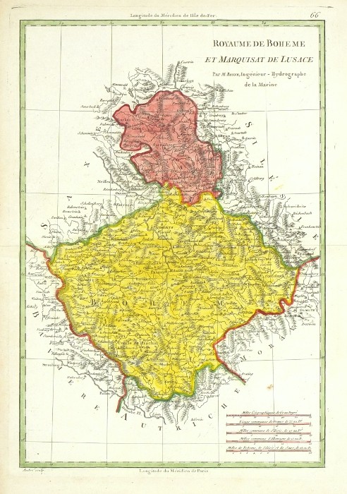 Čechy, Lužice - Royaume de Boheme et Marquisat de Lusace, mědirytina, mapa, Bonne, 1762