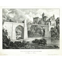 Loket, řetězový most - Neue Kettenbrücke über die Eger bei Elbogen, litografie, Gurk, Wolf, 1830-40