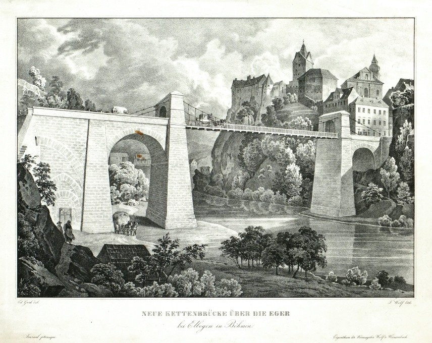 Loket, řetězový most - Neue Kettenbrücke über die Eger bei Elbogen, litografie, Gurk, Wolf, 1830-40