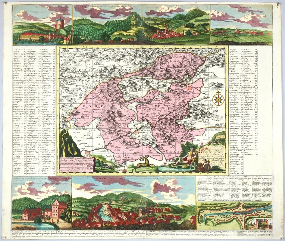 Karlovy Vary, Loketsko - Geographischer Entwurff der Stadt und Gegend des ... Carlsbades, mědirytina, mapa, Zürner, Schenk