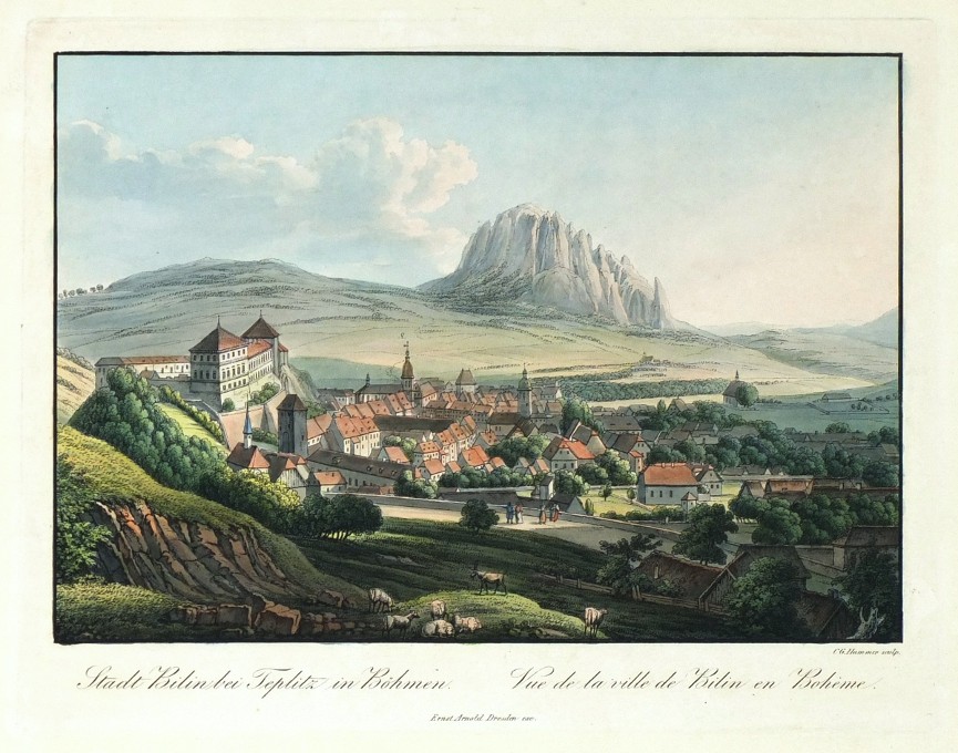 Bílina - Stadt Bilin bei Teplitz in Böhmen, obrysový lept, Hammer, 1835