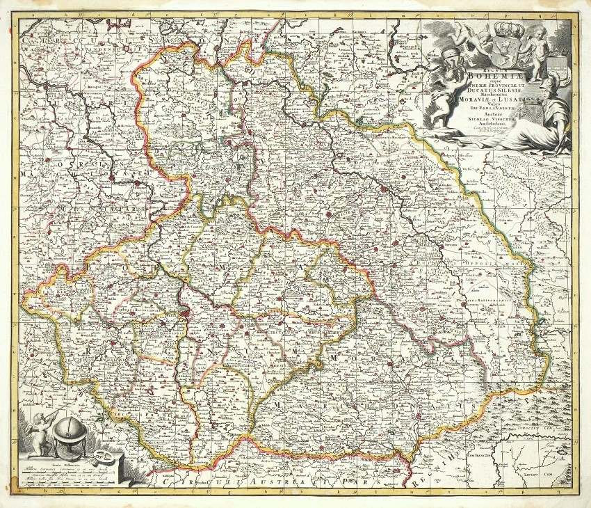 Čechy, Morava, Slezsko - Regnum Bohemiae eique Annexae Provinciae, mědirytina, mapa, Visscher, 1680