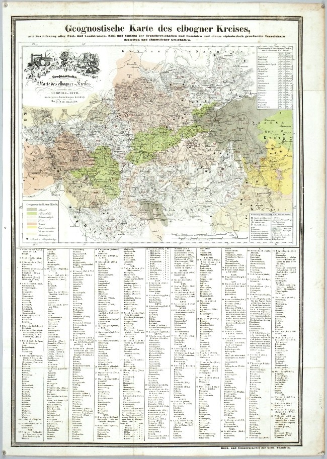 Loketsko - Geognostische Karte des elbogner Kreises, geologická mapa, litografie, 1842
