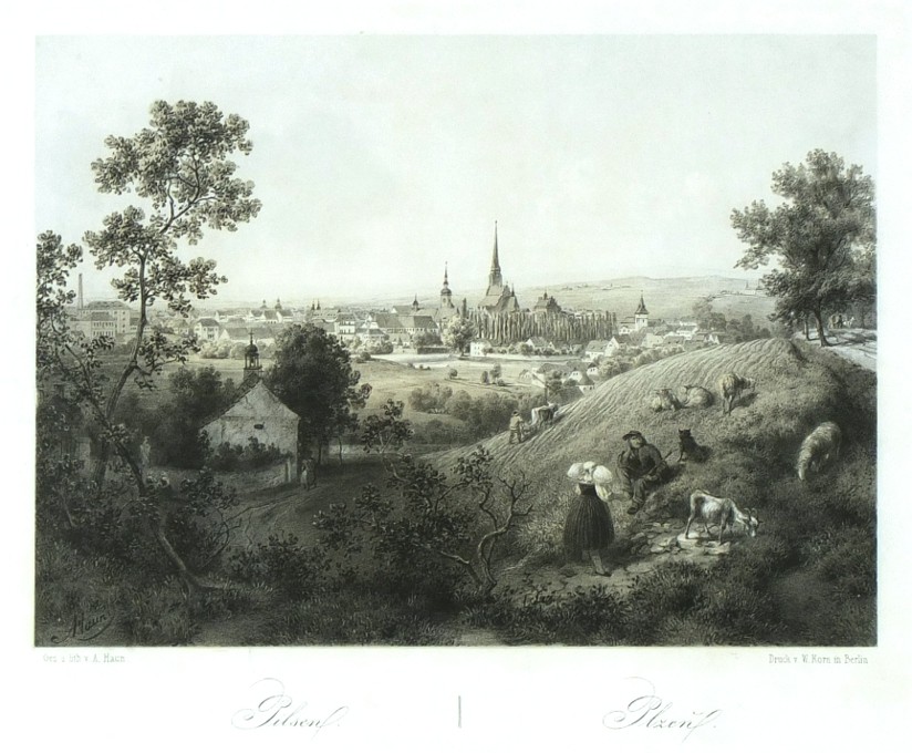 Plzeň - litografie, Haun, 1860. Pilsen