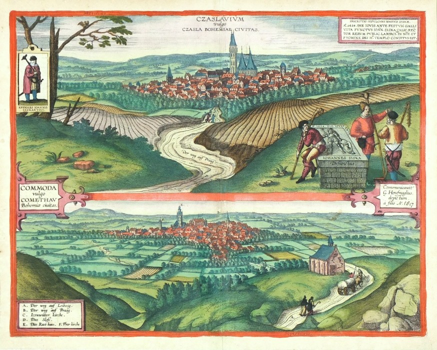 Čáslav, Chomutov - Czaslavium vulgo Czasla - Commoda vulgo Comethau, mědirytina, Braun, Hogenberg, 1618