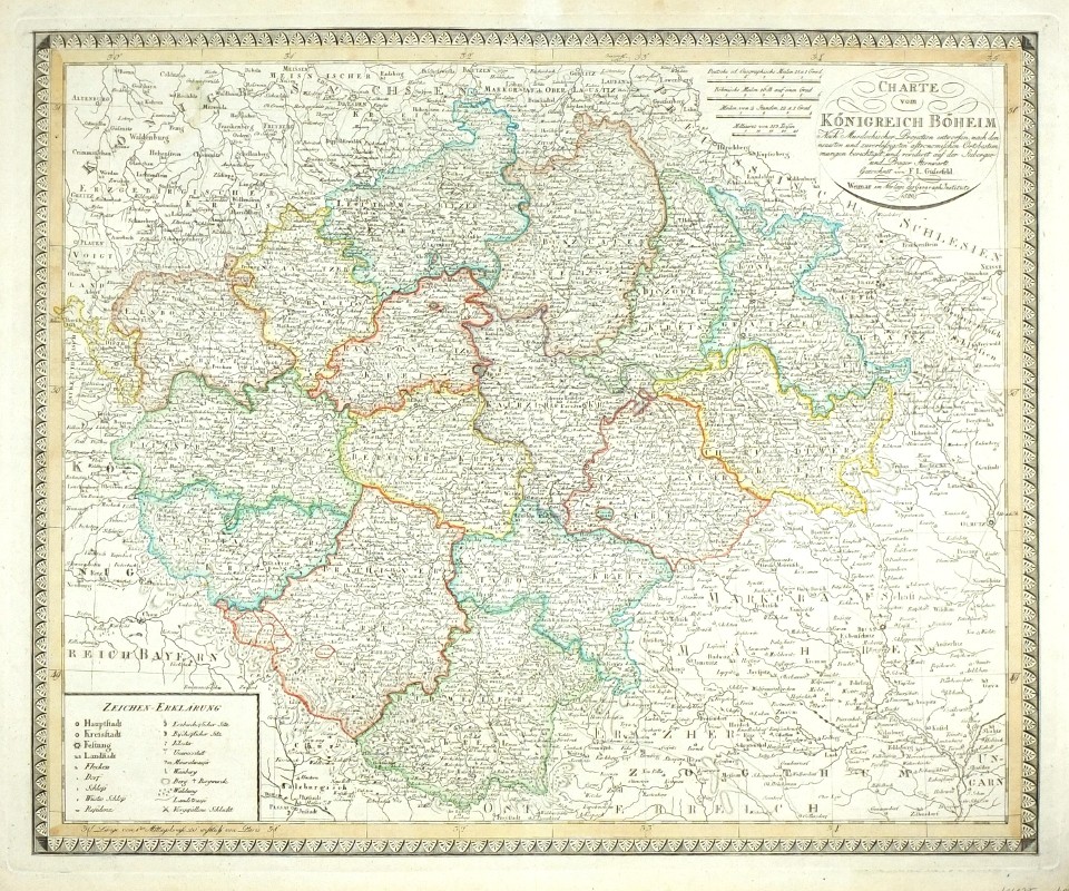 Čechy - Charte vom Königreich Böheim, mědirytina, mapa, Güssefeld, 1820