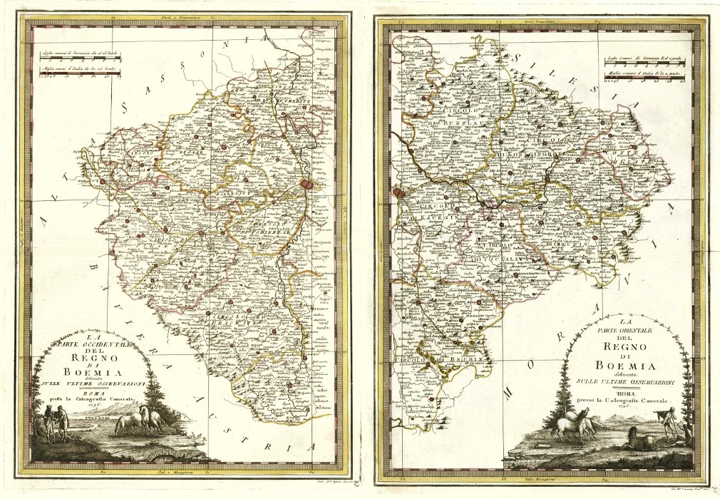 Čechy - La Parte Occidentale ... Orientale del Regno di Boemia, mědirytina, mapa, Cassini, 1796