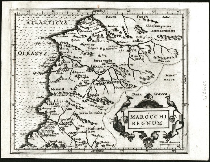 Maroko - Marocchi Regnum, mědirytina, mapa, Mercator, Atlas Minor, Hondius, 1607