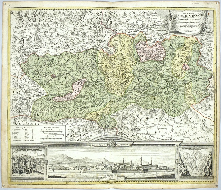 Korutany, Klagenfurt - Nova et accurata Carinthiae Ducatus Tabula - Die Stadt Clagenfurt, mědirytina, mapa, Homann, 1720