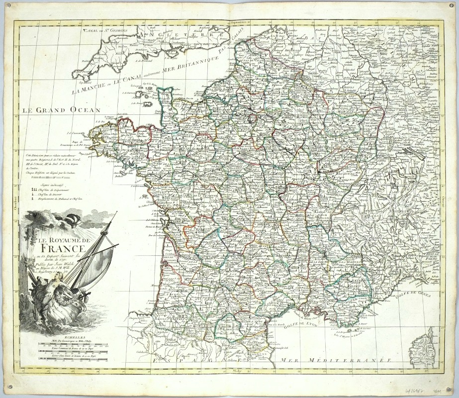 Le Royaume de France, copperlate map, Walch, Will, 1792