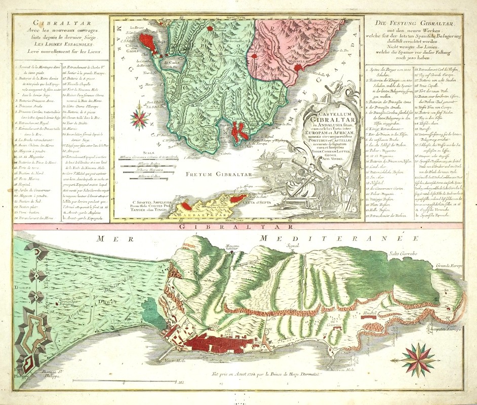 Castellum Gibraltar in Andalusia, mědirytina, mapa, Lotter, 1750