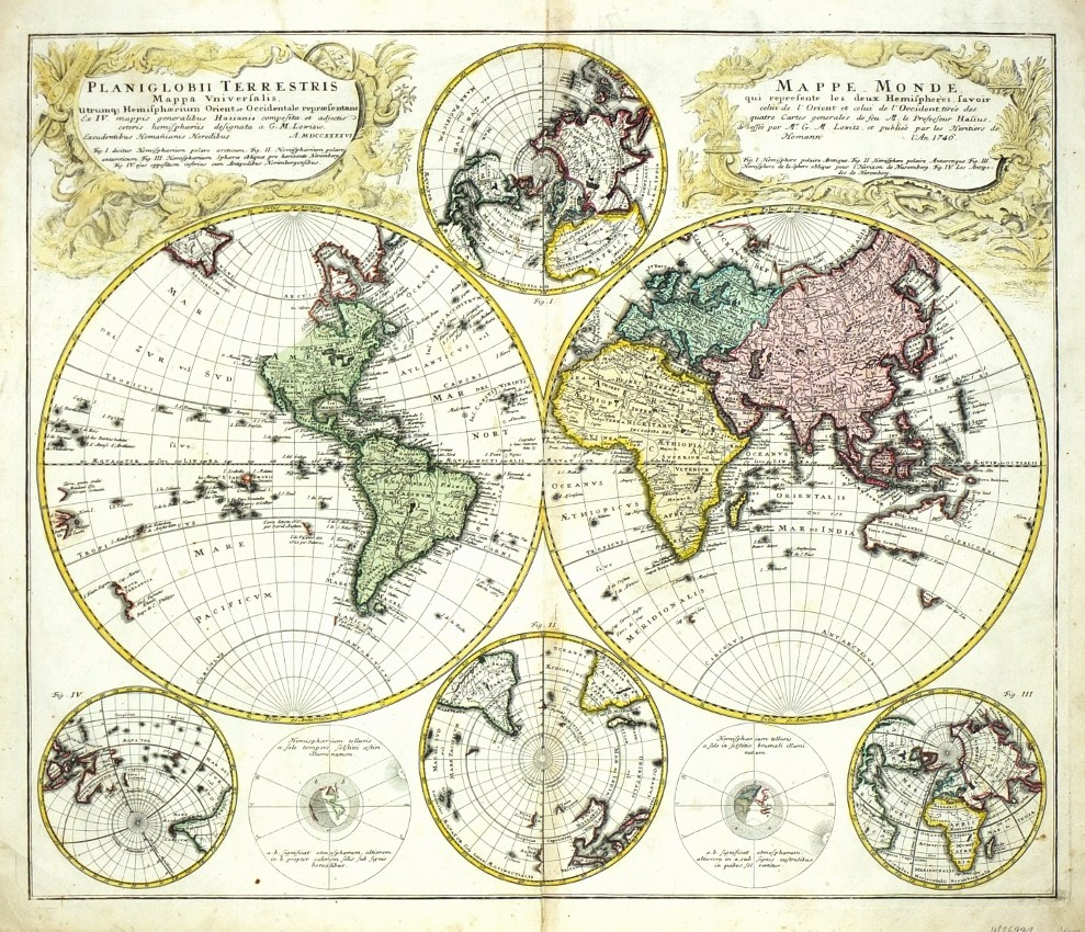 Svět - Planiglobii Terrestris Mappa Universalis, mědirytina, mapa, Homann, 1746