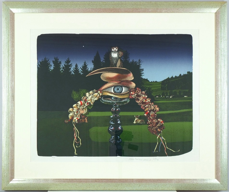 Josef Liesler, Večer, když sovy začínají naříkat, barevná litografie, 1990