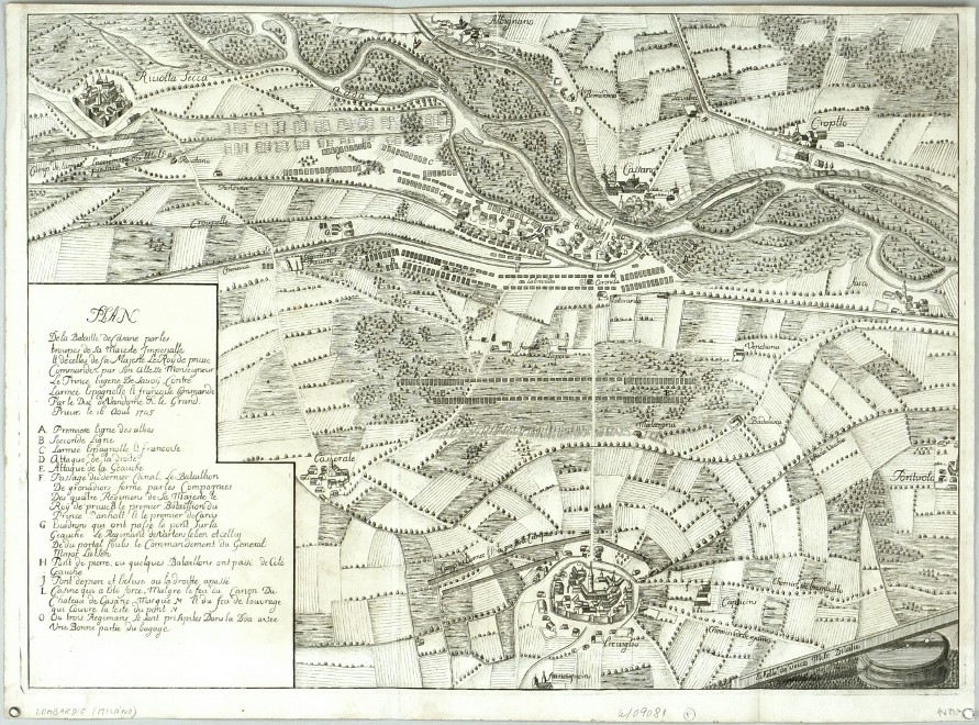Cassano d'Adda - Plan De la Batille de Casane, mědirytina, Merian, 1718 - Staré mapy na prodej