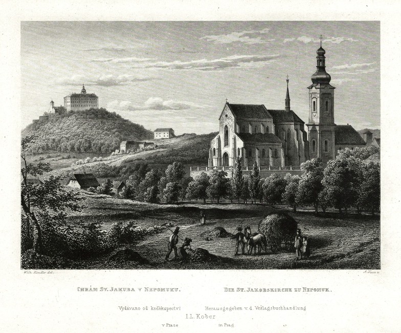 Nepomuk, Zelená Hora - Chrám Sv. Jakuba v Nepomuku, ocelorytina, Mikovec, 1865