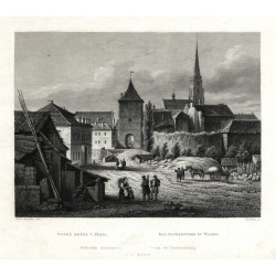 Plzeň - Saská brána v Plzni, ocelorytina, Mikovec, 1865