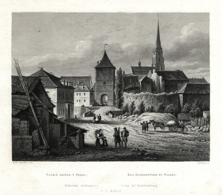 Plzeň - Saská brána v Plzni, ocelorytina, Mikovec, 1865