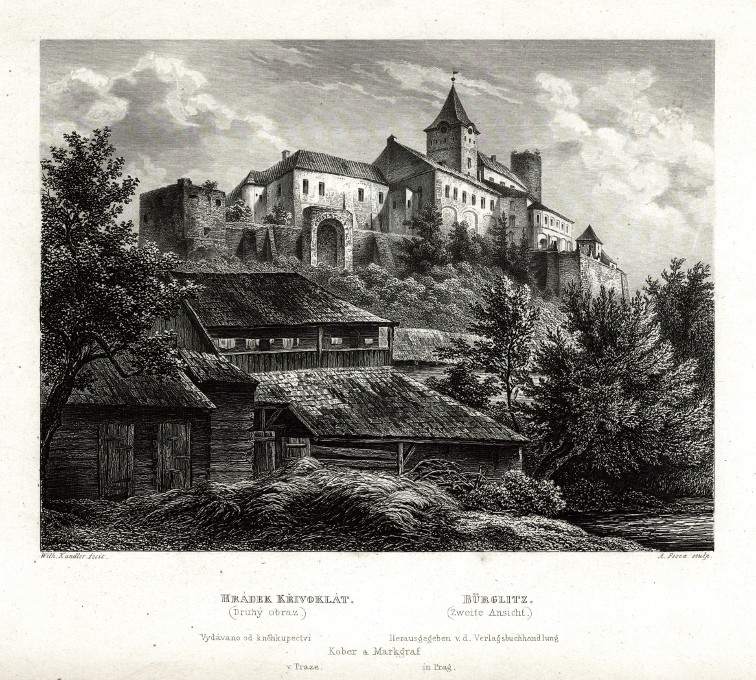 Hrádek Křivoklát. Druhý obraz, ocelorytina, Mikovec, 1860