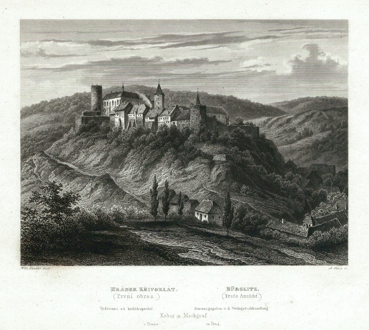 Hrádek Křivoklát. První obraz, ocelorytina, Mikovec, 1860