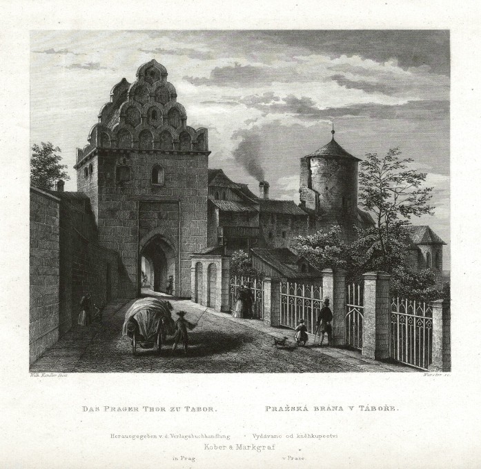 Tábor - Pražská brána v Táboře, ocelorytina, Mikovec, 1860