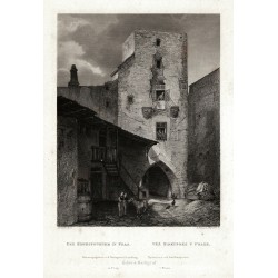 Praha, Mostecká ulice, Biskupská věž - Věž Biskupská v Praze, ocelorytina, Mikovec, 1860