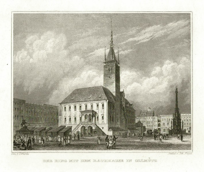 Olomouc, Horní náměstí - Der Ring mit dem Rathhaus in Ollmütz, ocelorytina, Lange, Poppel, 1848