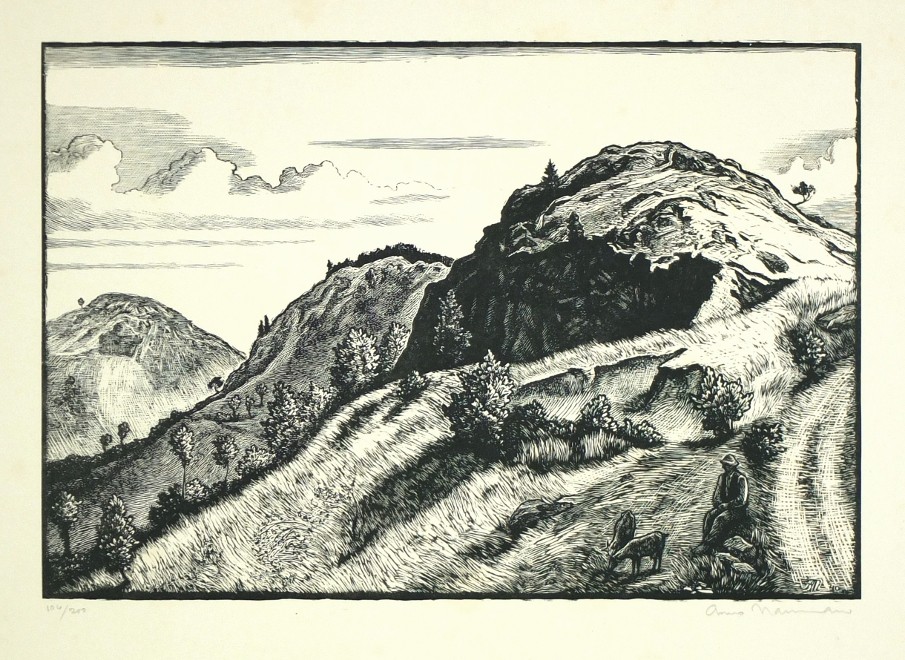 Arno Nauman - Kozí hřbety, Krkonoše, dřevoryt, 1940