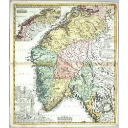 Norsko - Regni Norvegiae Accurata Tabula, mědirytina, mapa, Homann, 1720