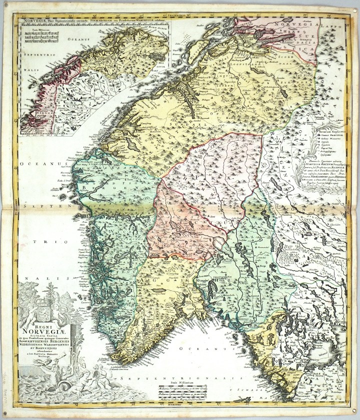 Norsko - Regni Norvegiae Accurata Tabula, mědirytina, mapa, Homann, 1720