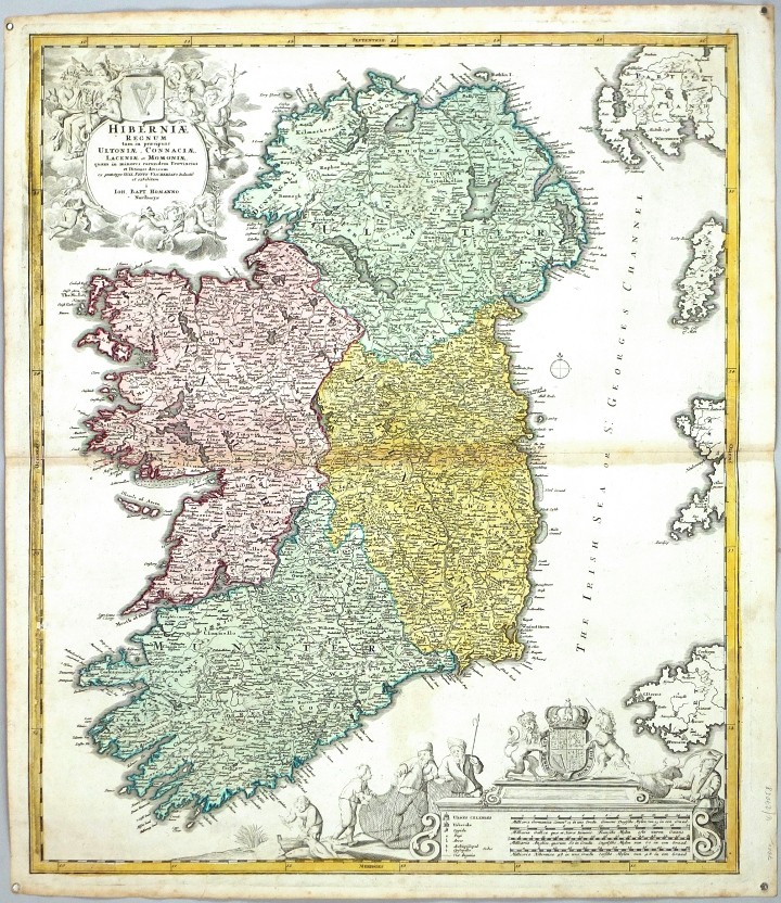 Irsko - Hiberniae Regnum, mědirytina, mapa, Homann, 1720