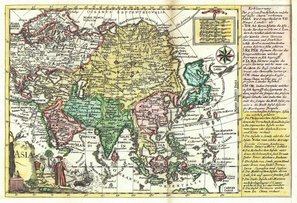 Mapa Asie - Asia, mědirytina, Schreiber, 1741