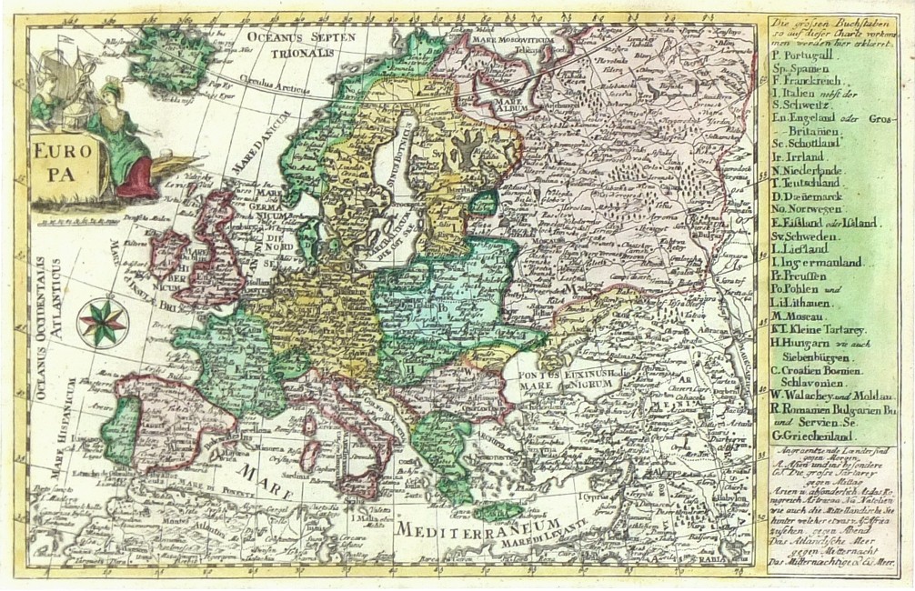 Evropa - mapa Evropy - Europa, mědirytina, Schreiber, 1741