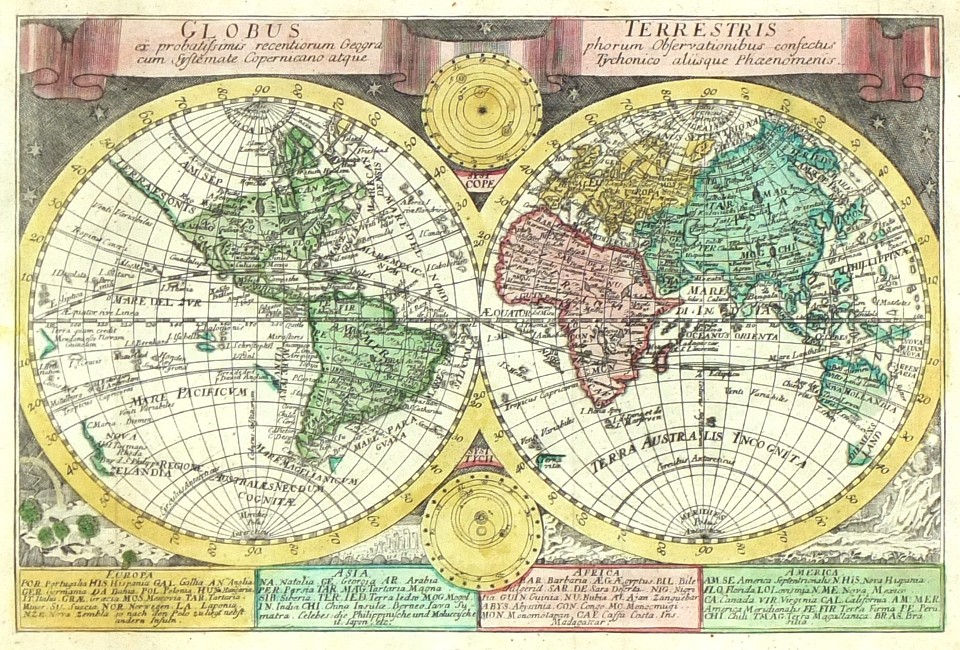 Map of the World - Globus Terrestris, copperplate engraving, Schreiber, 1741